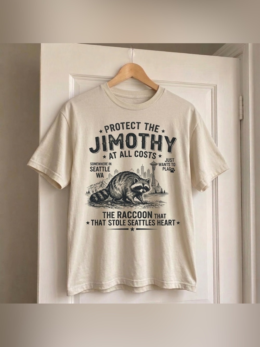 Protect The Jimothy Seattle Raccoon Off White Funny Graphic T-Shirt